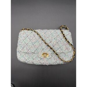 Vintage Diane Gilman Tweed Quilted Shoulder Bag Gold Chain Turn Lock Purse